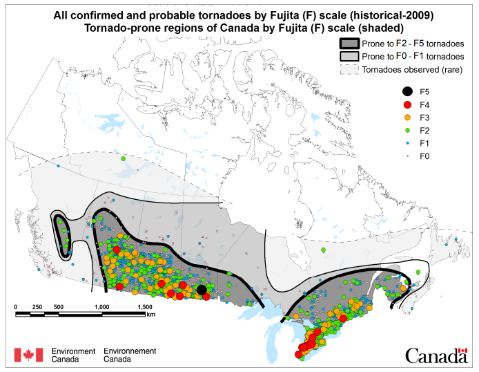A map of Canada illustrating the location of all confirmed and probable tornadoes by Fujita scale, from 1980 to 2009.